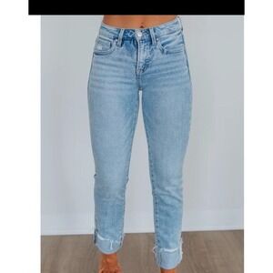 Risen Taylor Tummy Control High Rise Straight Cuffed Raw Hem Jeans Light 15/32